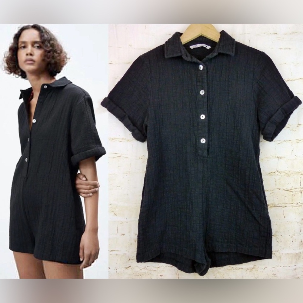 Zara Black Textured Button-Up Romper